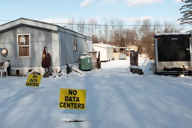 A “no data centers” sign sits in front of a home in Valley View Estates, which is set to be surrounded by data centers.