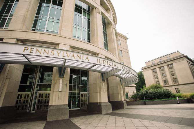 The entrance to the Pennsylvania Judicial Center in Harrisburg.