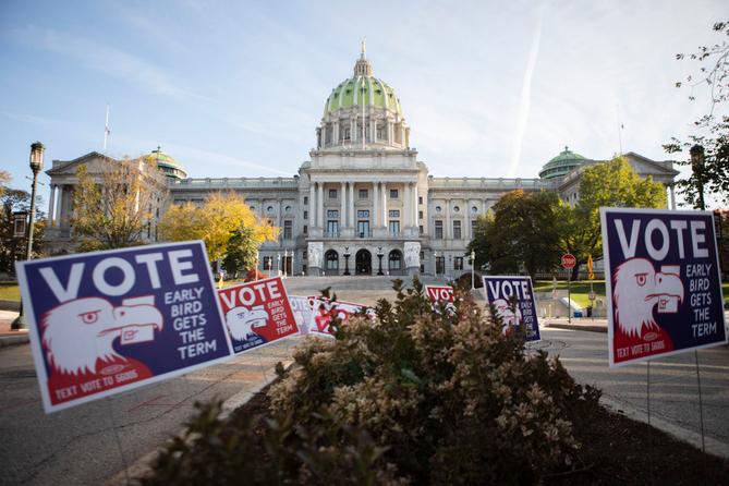 Pennsylvania’s Capitol building in Harrisburg on the morning of Election Day, November 3, 2020.