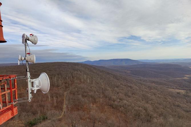 Broadband equipment installed on a tower in Bedford County.