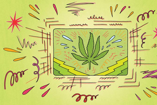 A stylized illustration of a marijuana leaf