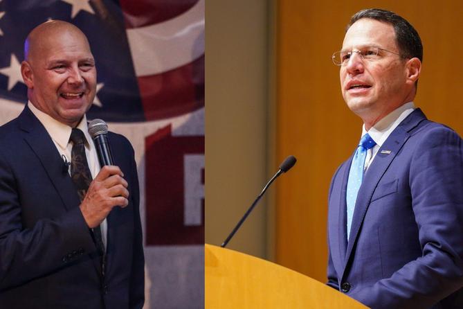 State Sen. Doug Mastriano (left) and Attorney General Josh Shapiro (right) tout divergent visions for leading Pennsylvania