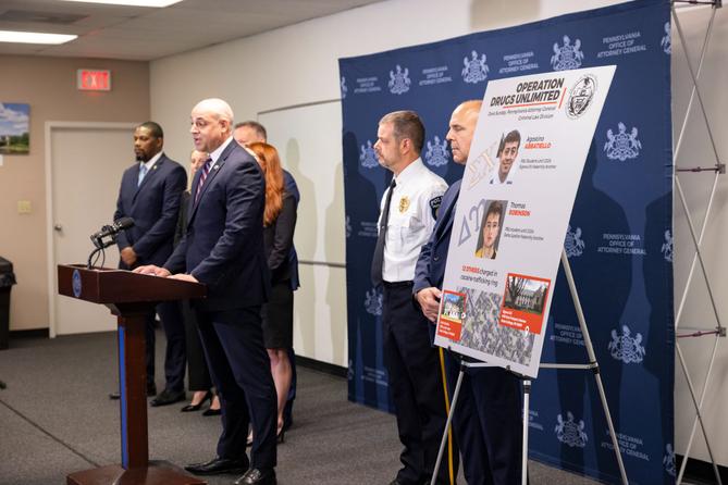 Attorney General Dave Sunday announces the results of a criminal case involving former Penn State University students, in State College, PA on August 17, 2026.